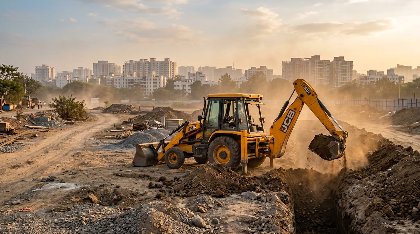 Yellow JCB 3DX backhoe digging a trench on a construction site in Pune